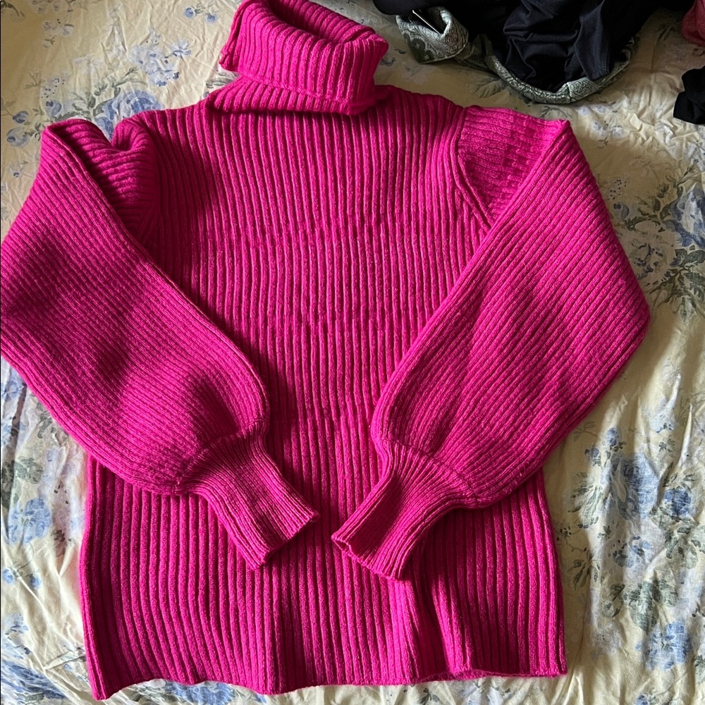 Eesome Vibrant Pink Ribbed Turtleneck Sweater